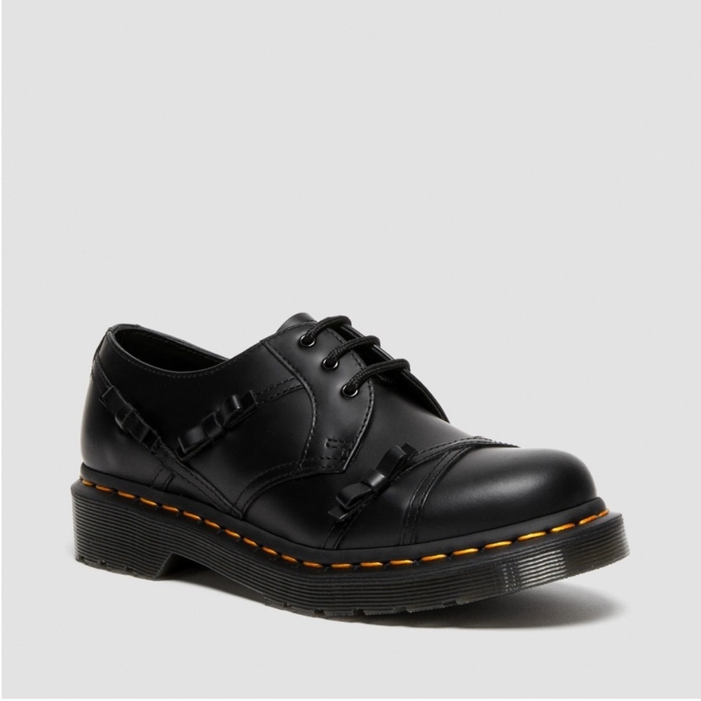 Dr. Martens Black Leather Lace-Up Flats with Yellow Stitching